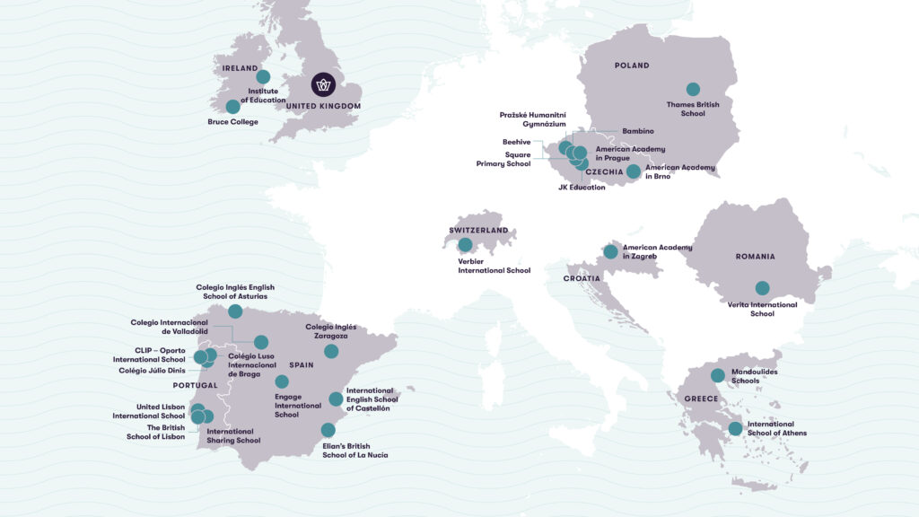 Map showing a network of international schools across Europe, Africa, and surrounding regions, with teal dots marking each location and labeled city/school names nearby.