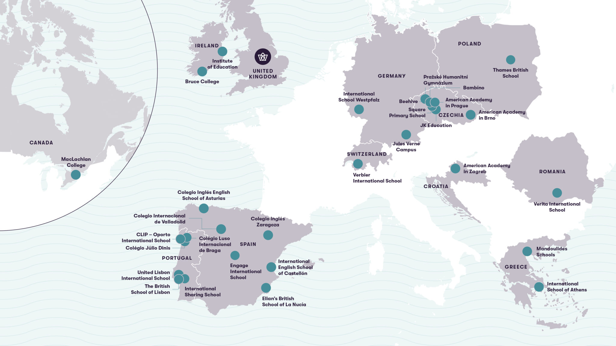 Map showing a network of international schools across Europe, Africa, and surrounding regions, with teal dots marking each location and labeled city/school names nearby.
