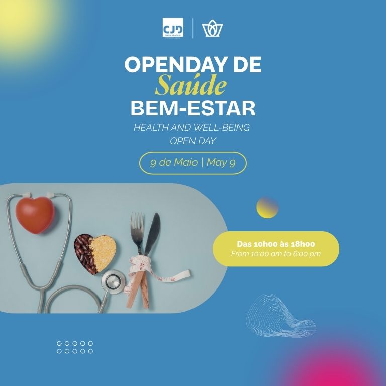 Blue poster for Open Day de Saúde e Bem-Estar with a stethoscope, heart, and cutlery on a blue background; date May 9, 10:00–18:00.