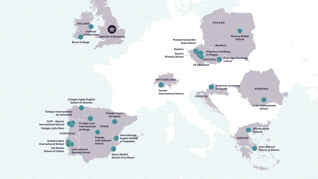 World map showing international school locations in Europe and nearby regions with teal markers and labeled city/school names in dark text.