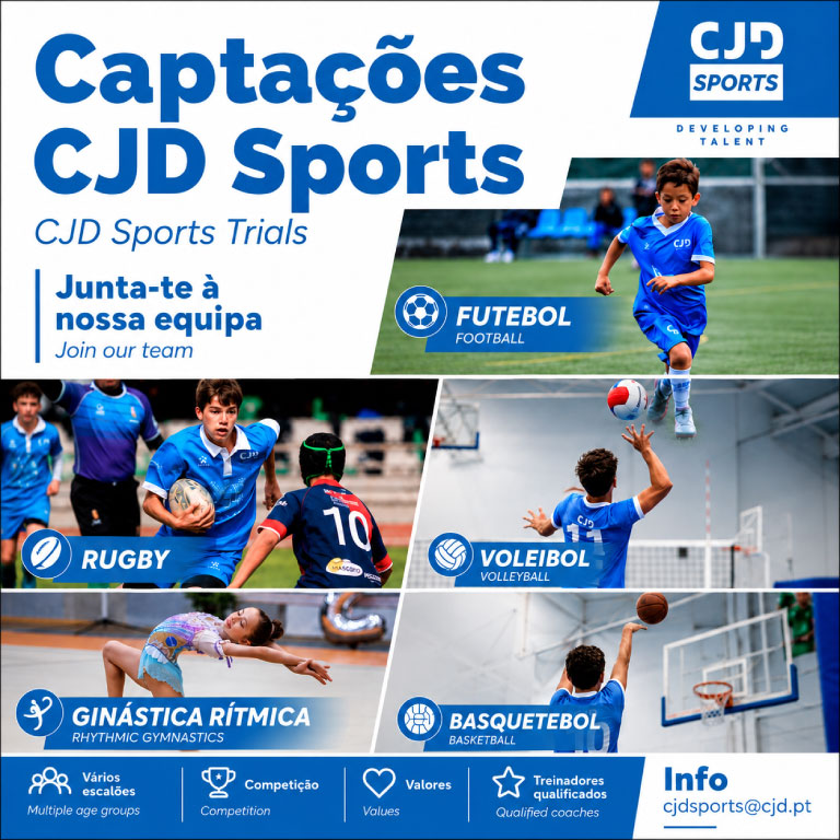 Collage poster for CJD Sports Trials showing kids in football, rugby, volleyball, rhythmic gymnastics, and basketball with a 'Join our team' message.