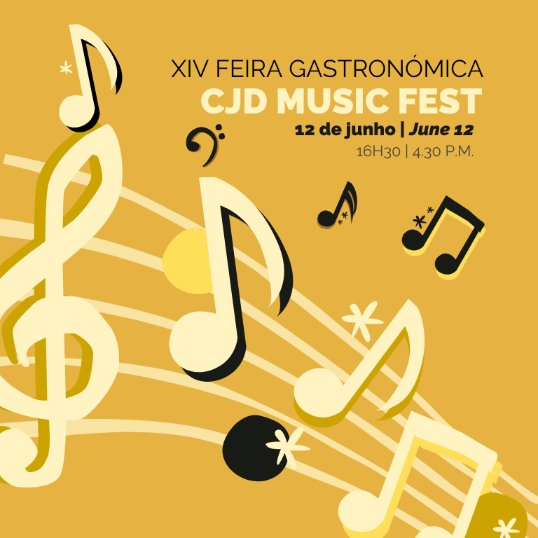 Event poster for XIV Feira Gastronômica CJD Music Fest with musical notes on a gold background, announcing June 12 at 4:30 PM.
